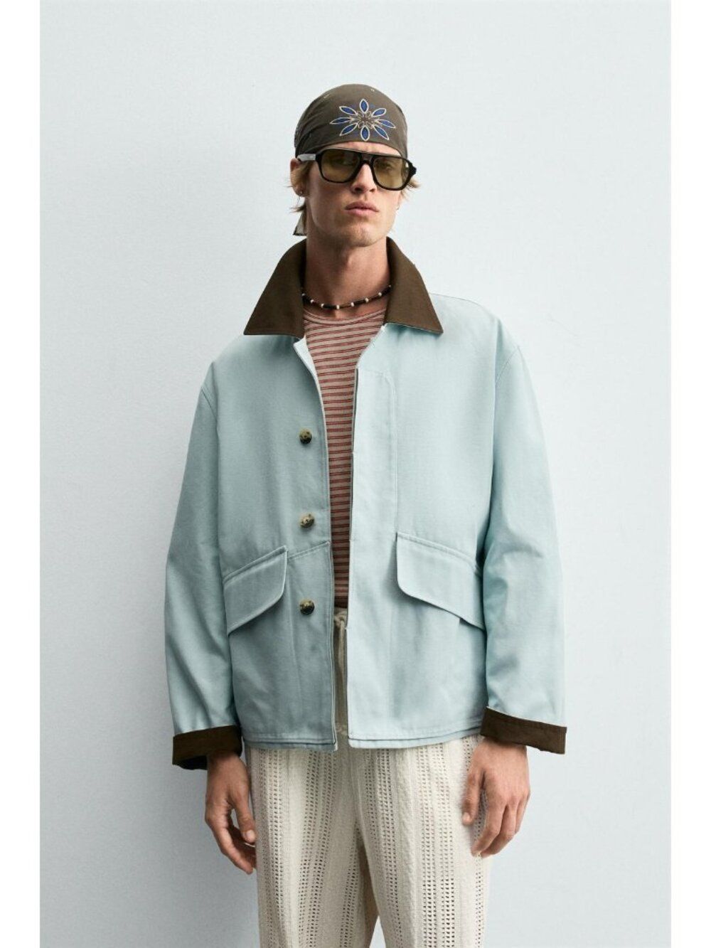 Zara Mens Jacket Utility coat S Small Light Blue Relaxed contast 4963/118 NWT